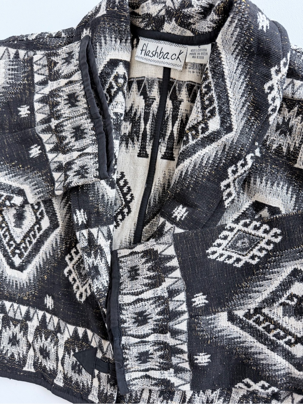 Vintage 90s Flashback Tapestry Jacket S Black White Gold Western Cropped - Picture 10 of 12